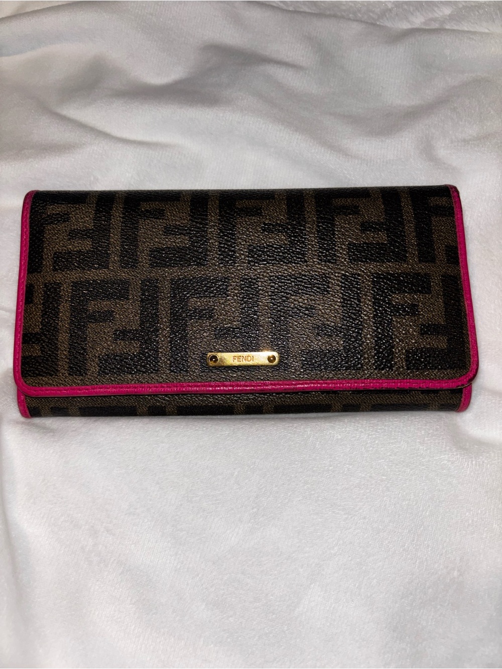Fendi Brown FF Monogram Long Wallet with Pink Trim